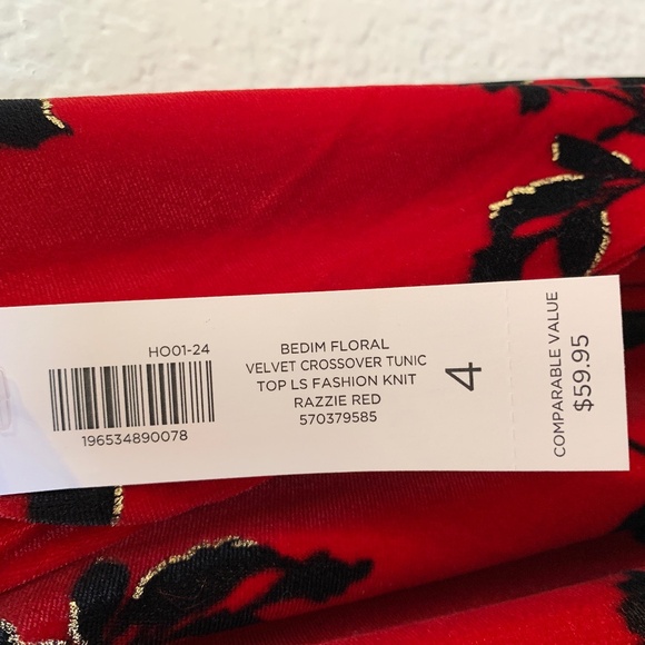 Chico's Red Velvet Crossover Tunic Top Size 4=XXL/20 NEW Black Floral Longsleeve - Picture 6 of 13